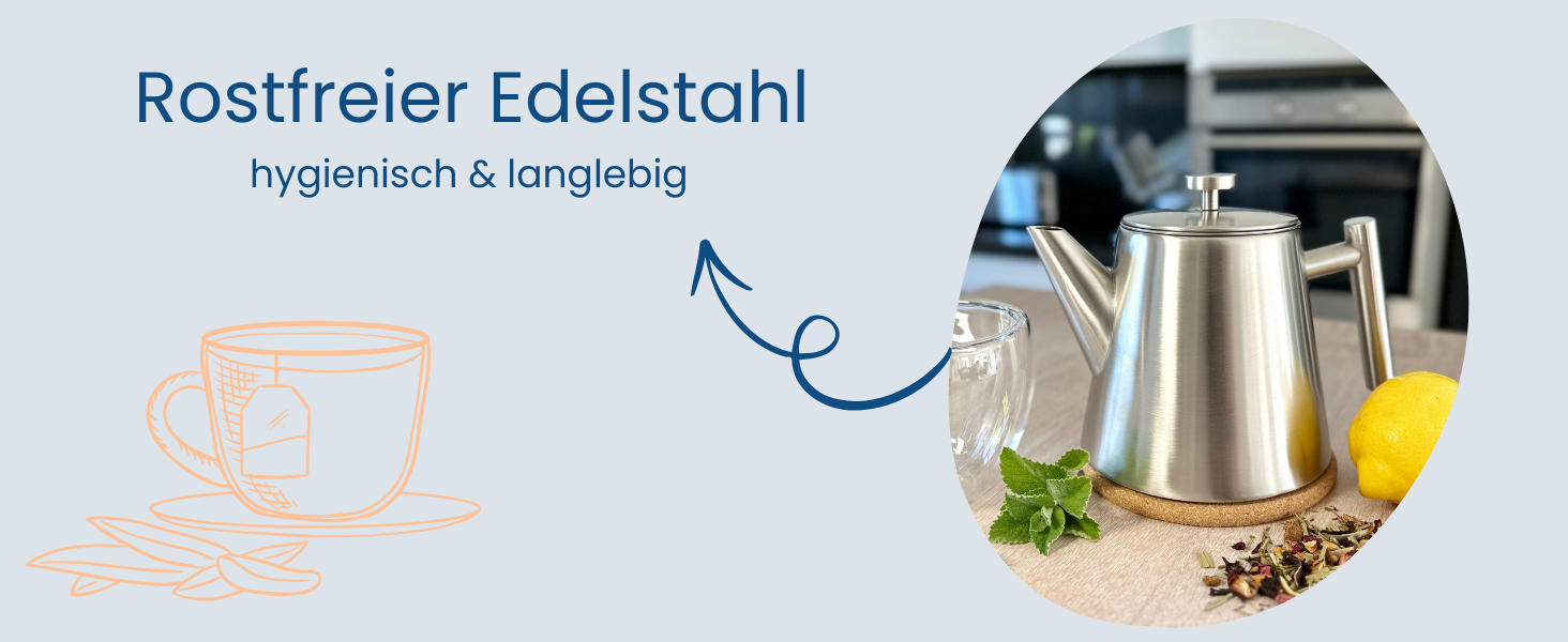 Заварник для чаю Teekanne з ситечком, 1 л, нержавіюча сталь, з функцією підігріву та пробковим підстаканником, двостінний чайник для листового чаю та трав'яних настоїв