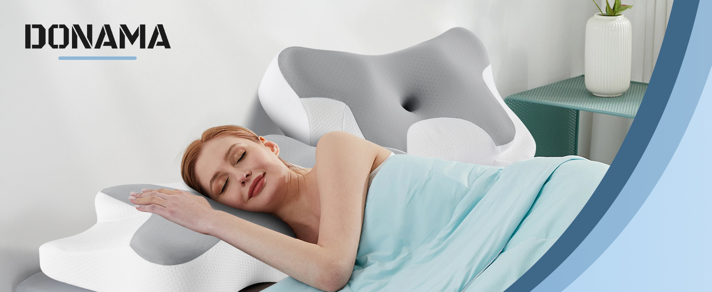 Подушка для шиї DONAMA з піни Memory Foam: ергономічна, з підлокітниками, охолоджуюча, 6 зон підтримки, для сну в будь-якій позі (сіро-біла, 66x37x13 см)