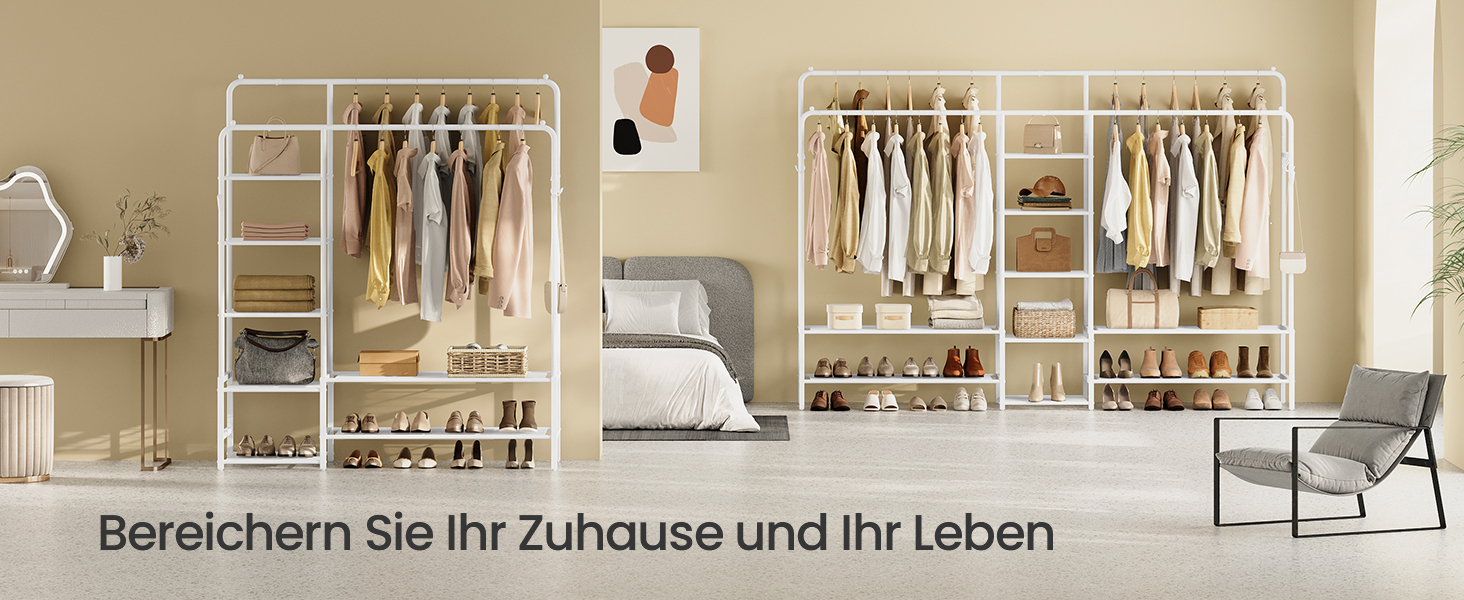 SONGMICS Стійка для одягу, відкрита шафа, вішалка для одягу з 7 полицями, металевий каркас, перекладина для одягу, для спальні, вітальні, передпокою, HSR182B01 (Білий, 115,8B см)