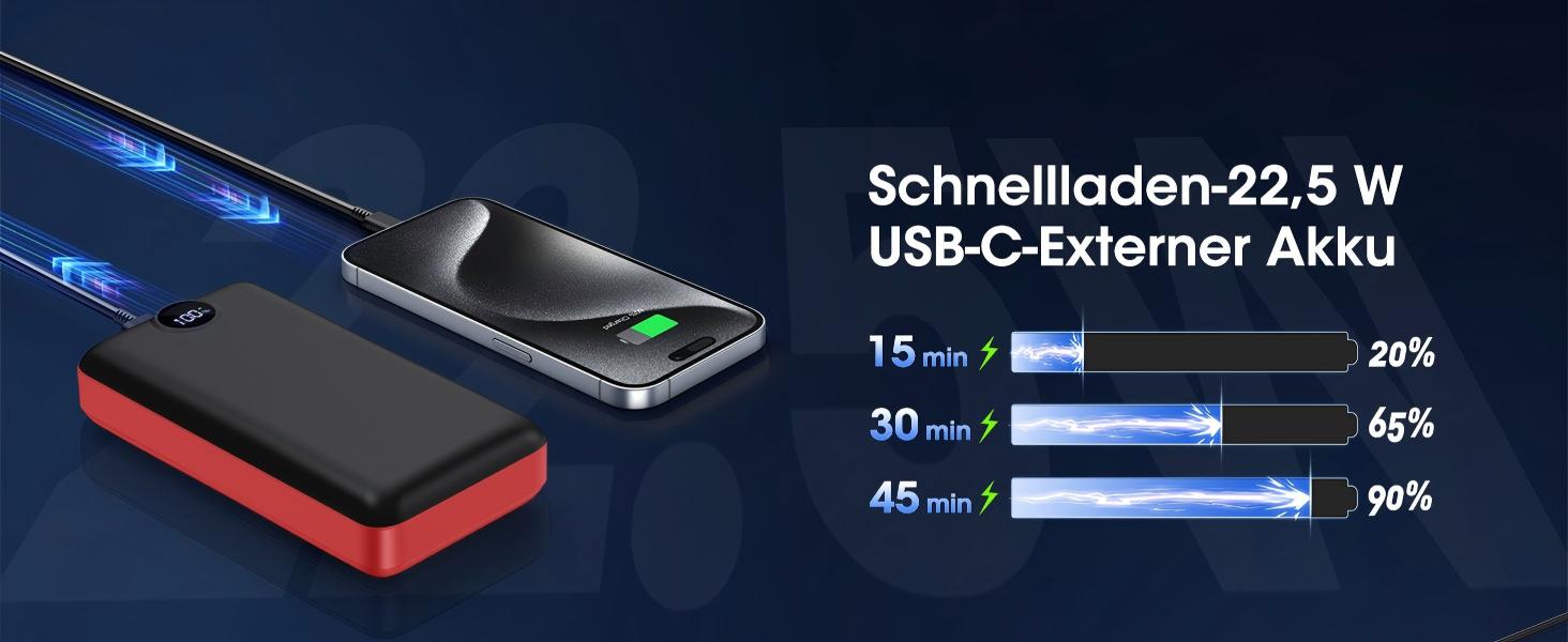 Power Bank 50000mAh з 3 кабелями, швидка зарядка 22.5W, USB-C, LED дисплей, чорний