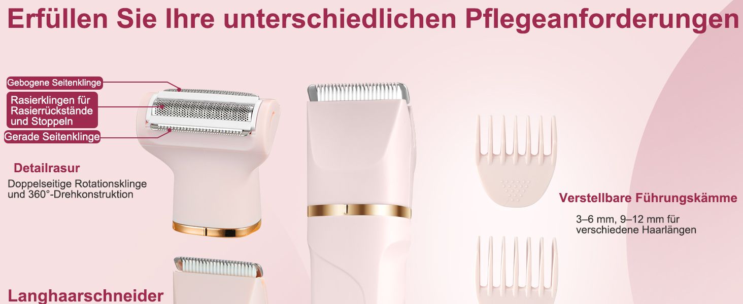 Електричний жіночий тример 3-в-1 для тіла та обличчя, водонепроникний, рожевий