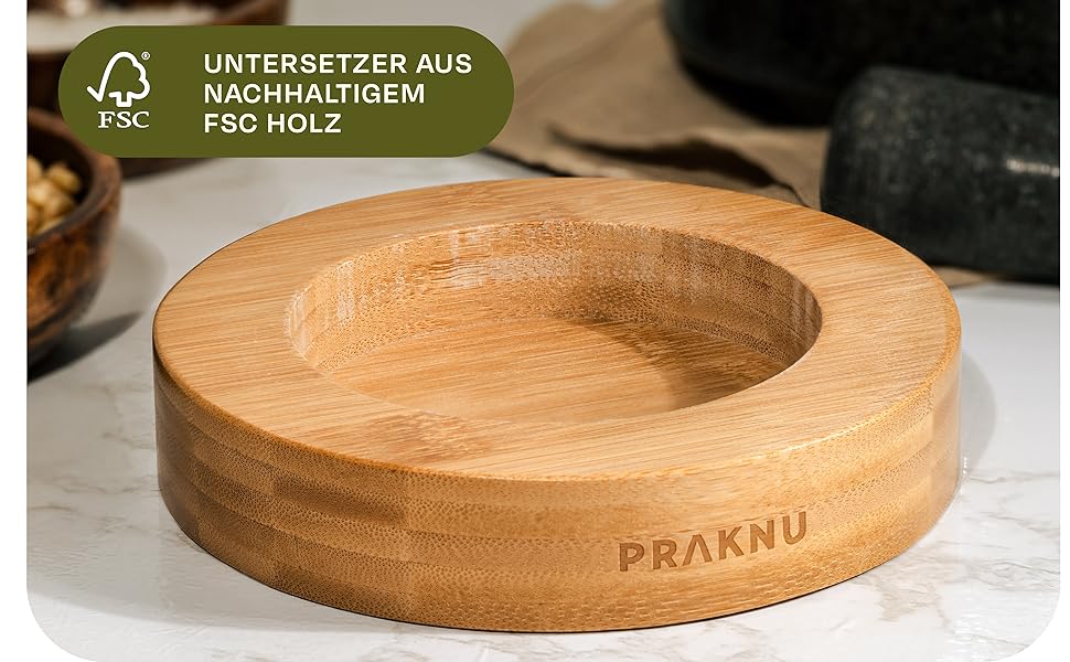 М'ясорубка Praknu з товкачем з граніту, з підставкою з екологічного FSC® дерева, для тонкого подрібнення, легко миється