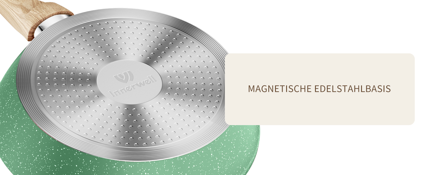 Набір сковорідок Innerwell з кришкою 3 шт. (20 см, 24 см, 28 см), індукційні сковороди з керамічним антипригарним покриттям, для професійного використання, сумісні з духовкою, без PFOA, придатні для миття в посудомийній машині, м'ятно-зелені