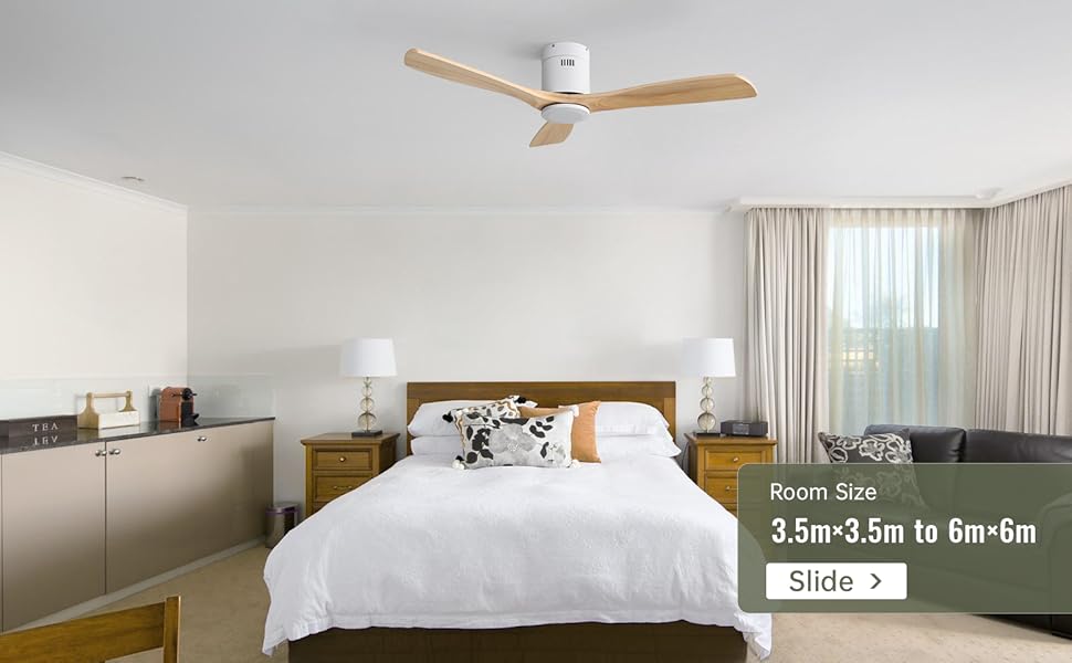 Стеляний вентилятор Sofucor з дистанційним керуванням, дерев'яний, 132 см, 6 швидкостей, DC мотор, тихий, з таймером, для спальні (без світла, монтаж врізний, натуральне дерево)