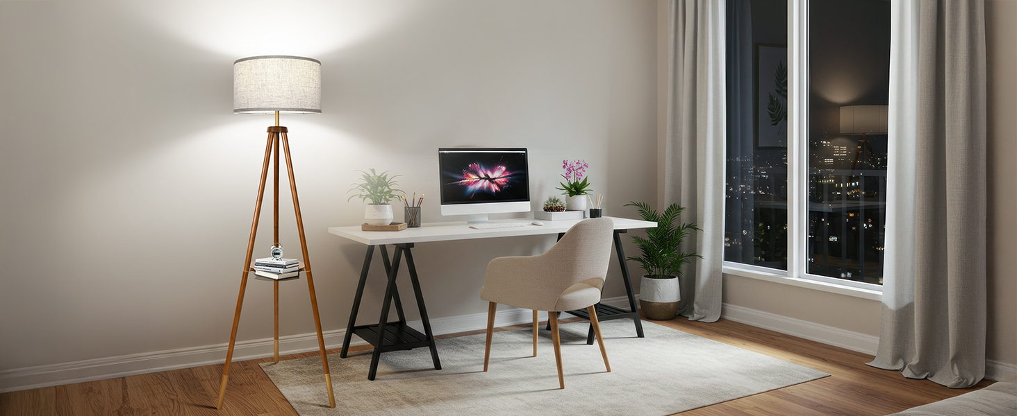 OUTON LED торшер з регулюванням яскравості, тринога, дерево з полицею, пульт дистанційного керування, 4 колірні температури, таймер на 1 годину, штатив, абажур кольору беж для вітальні, спальні, офісу (волоський горіх-золото)