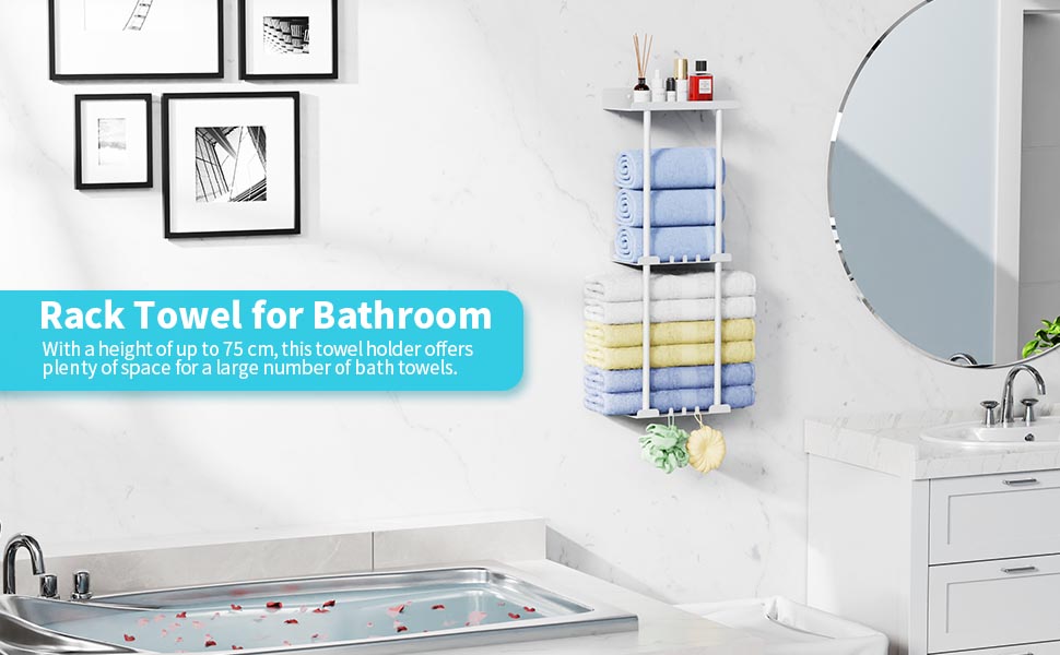 Тримач для рушників без свердління, настінний, з 6 гачками та полицею для ванної кімнати/кухні, матовий, для гостей, білий