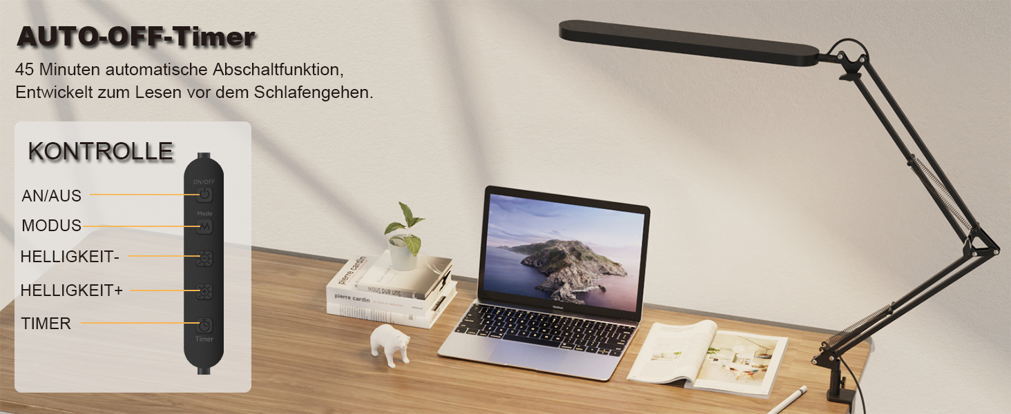 SKYLEO LED Desk Lamp with Adjustable Gooseneck - 80cm Height, 5 Color Modes, 11 Brightness Levels, Timer & Memory Function, 12W, Black - Clamp-On Design