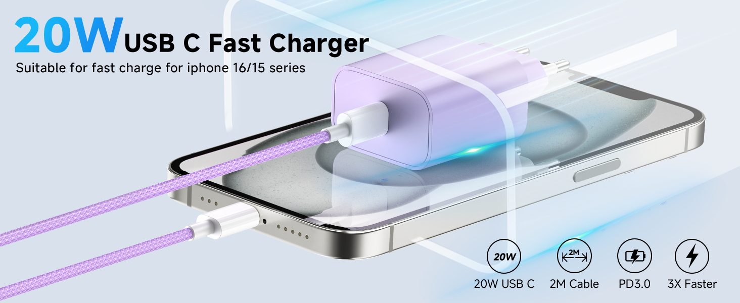 Зарядний пристрій USB-C 20W з кабелем Type-C 2м для iPhone 16/15/Pro/Air - комплект 2 шт. (Ліловий + Синій)