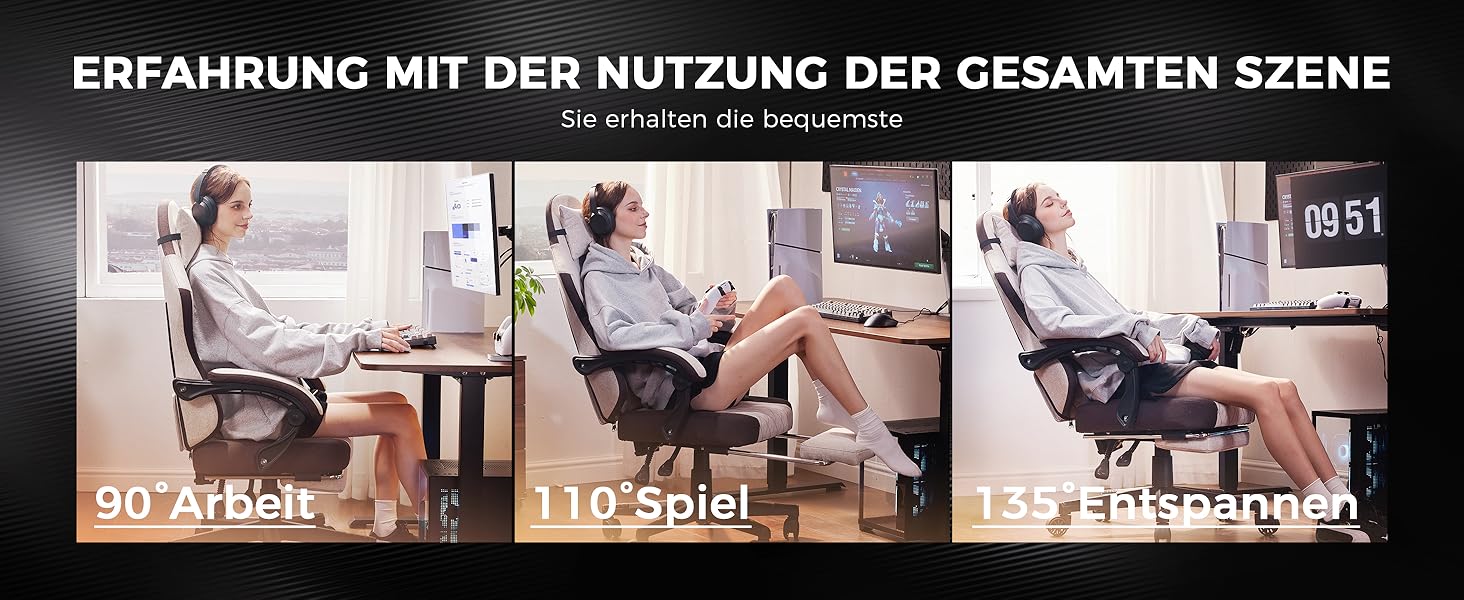 Ігровий крісло Dowinx з тканиною та пружинним сидінням, масажною підтримкою попереку, підніжкою для ніг, ергономічний дизайн, велике та високе, для офісу та ігор, 135 кг, коричневий