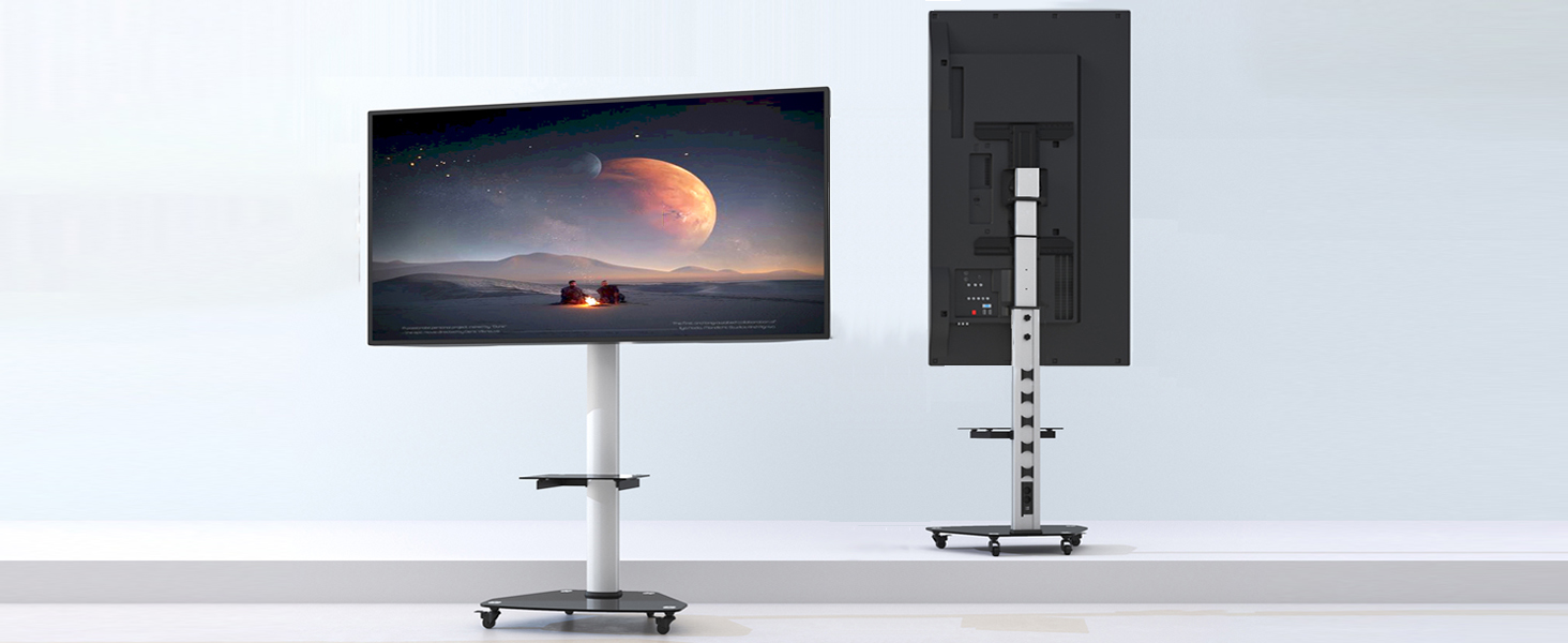 Підставка для телевізора XTRARM Proton 300: регульована висота 191 см, USB-порти, розетки, для телевізорів 32-75 дюймів, чорний алюміній, скляна підставка, максимальне навантаження 40 кг