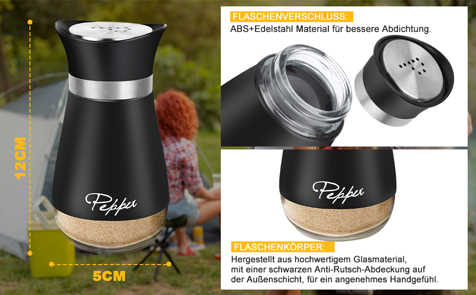 Набір для солі та перцю з нержавіючої сталі, скляне дно, чорний колір, для кухні, грилю, BBQ, кемпінгу