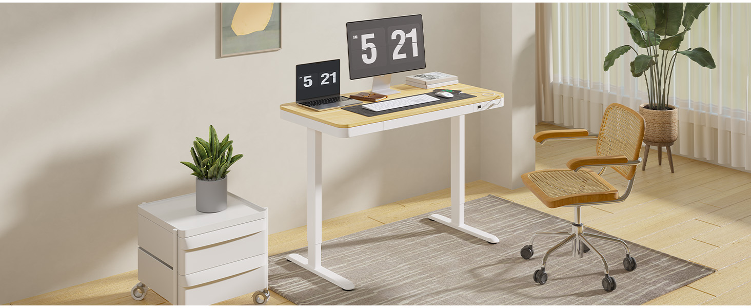 Електричний стіл Sanodesk з регулюванням висоти, ящик, сенсорне керування, USB-порти, 120 x 60 см, білий, 120 x 60 x (73.5-118) см