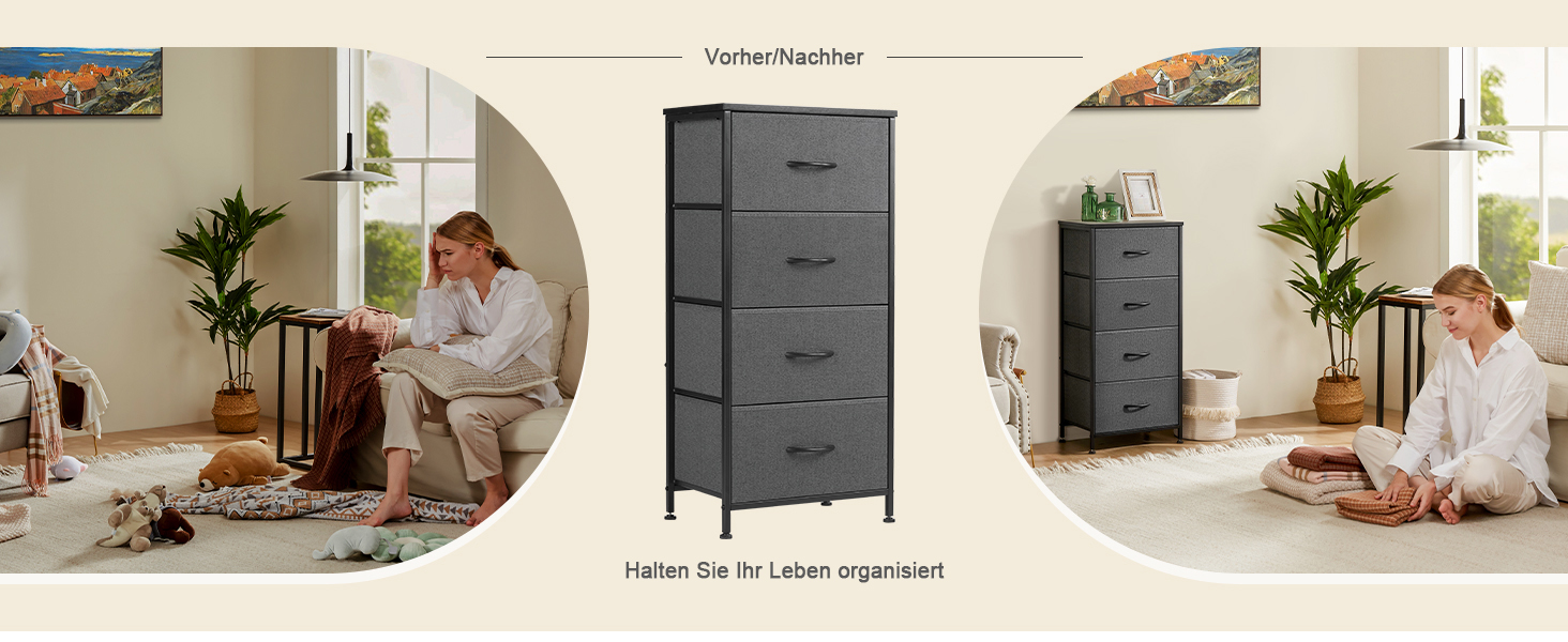 DUMOS Chest of Drawers with Drawers - Chests of Drawers & Sideboards for Bedrooms Suitable, Chest of Drawers with 9 Drawers, Fabric Chest of Drawers with Sturdy Steel Frame, Ideal for Bedroom, Living Room (Black) (4 Drawers Gray)