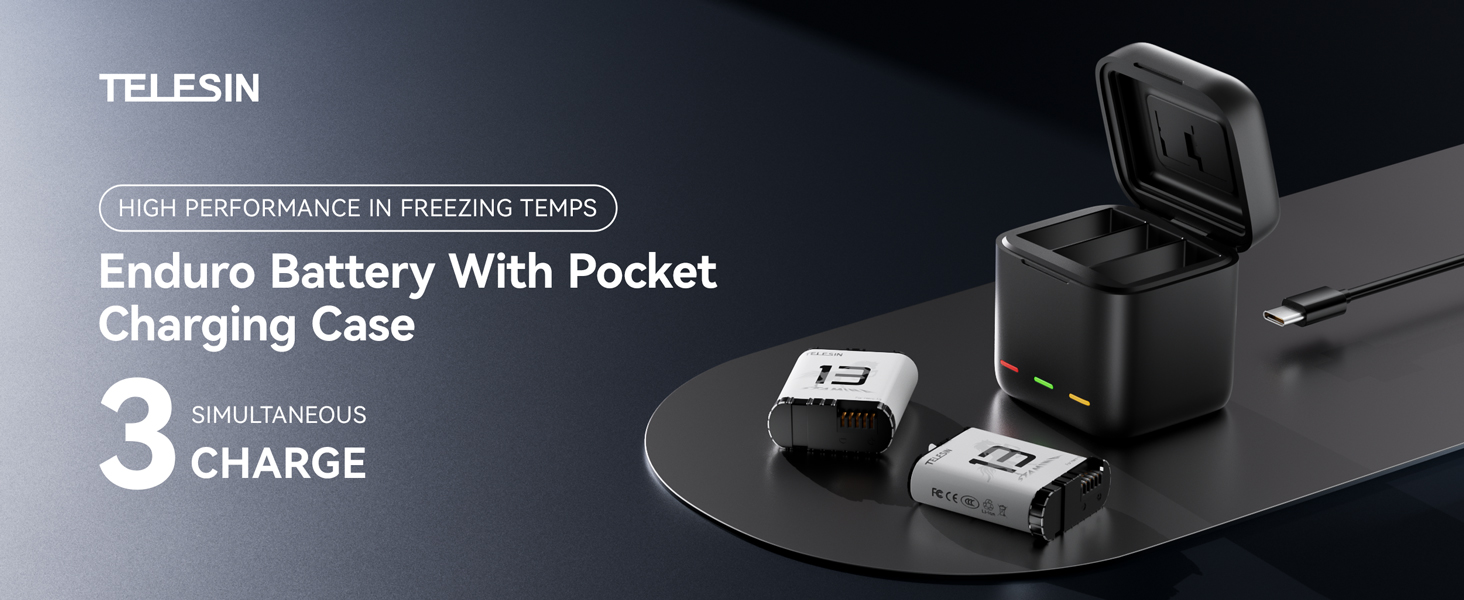 Telesin 2 шт. акумулятори Enduro + зарядний пристрій для GoPro Hero 13 Black. Запасні акумулятори з швидкою зарядкою, сумісні з GoPro 13 Black. Комплект: 2 акумулятори + 1 зарядний пристрій