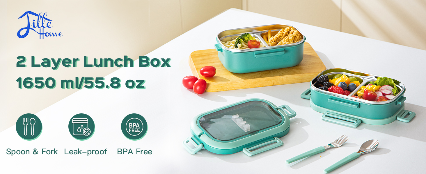 Ланчбокс Lille Home з 2 ярусами, 4 відділення, 1650 мл, з посудом, BPA-free, не протікає (Зелений)