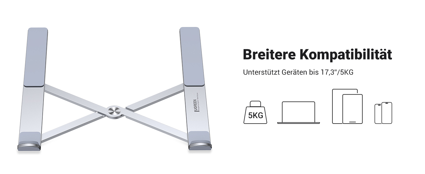 Підставка для ноутбука UGREEN з регулюванням висоти, алюміній, 5 рівнів, вентиляція, ергономічна, до 17.3 дюймів, сумісна з MacBook, Asus, Acer, HP, Dell