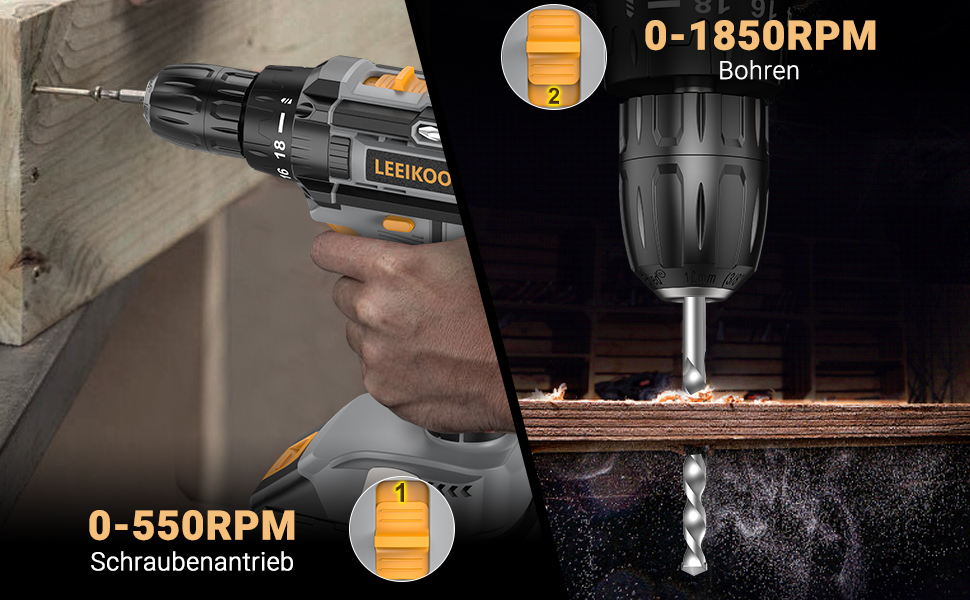Акумуляторний шуруповерт LEEIKOO 21V, 42N.m, 2.0Ah, 10mm, 18+1, 20шт, LED, сірий