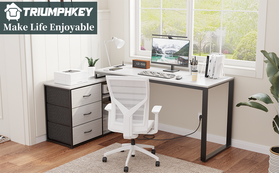 TRIUMPHKEY L-Shaped Desk with 3 Drawers & Storage - Reversible Corner Desk with USB Charging Ports & Outlets - White & Grey (140 x 105 x 75 cm)