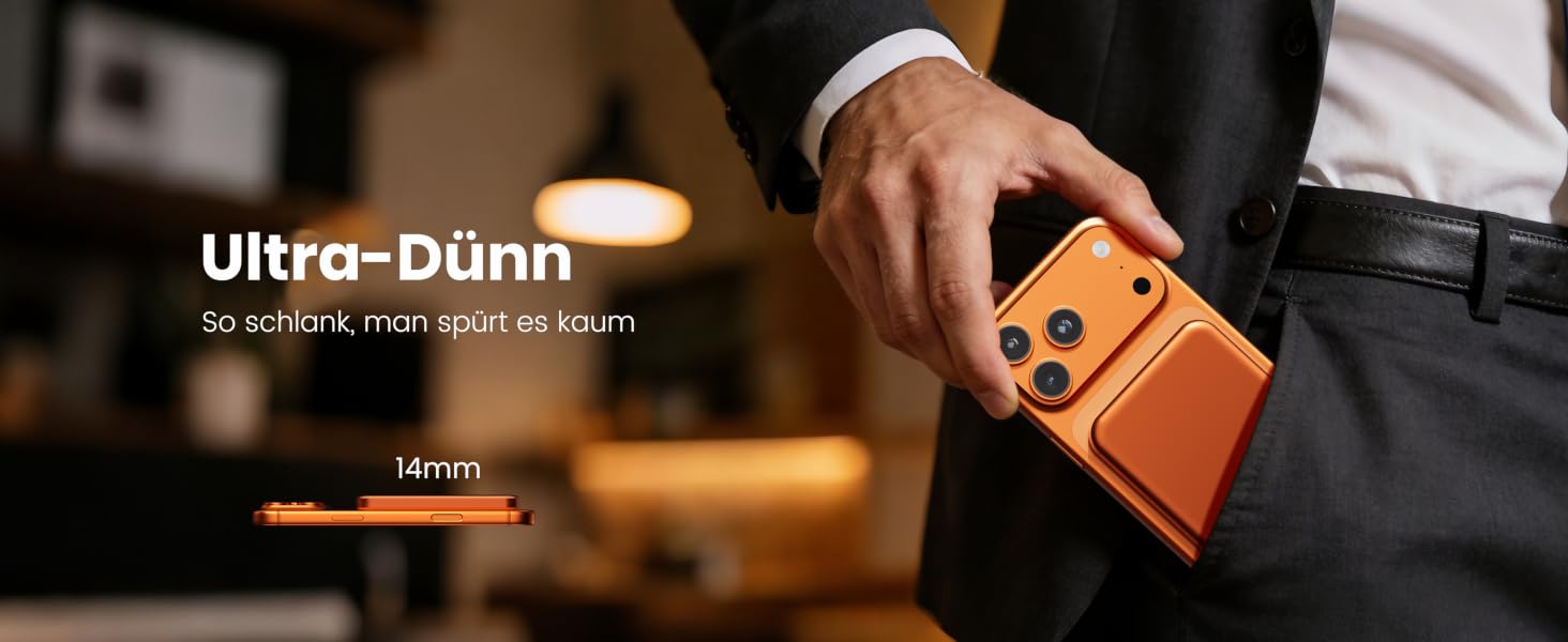 Power Bank 10000 mAh з магнітом, ультратонкий титановий корпус (14 мм), PD 20W, бездротова зарядка USB-C для iPhone 15/16/17 та Apple Watch (Оранжевий)