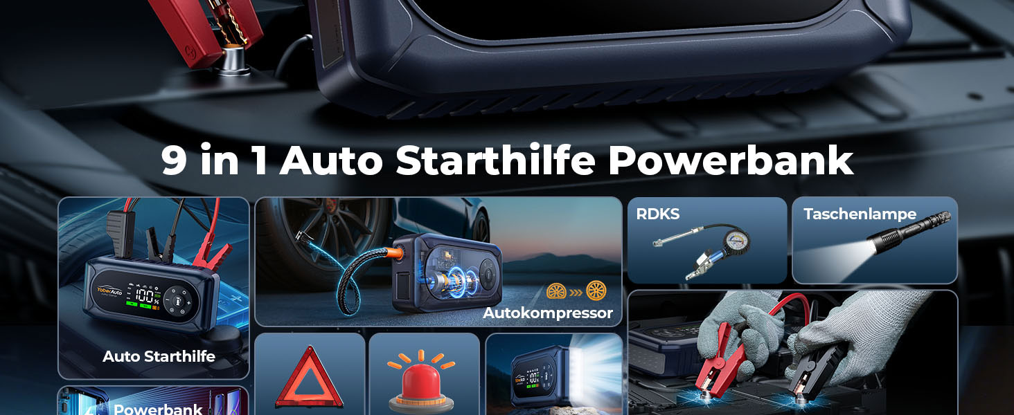 Powerbank для автомобіля YaberAuto AP02 з компресором, 150PSI, 4500A, для бензинових двигунів до 9.0L та дизельних до 8.0L, LED ліхтар 500 Lumen (4 режими), LCD дисплей 3.3