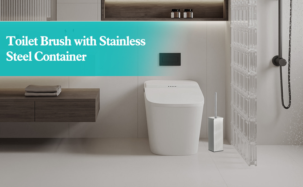 Набір для туалету ALFKET: щітка та тримач, нержавіюча сталь, з захистом від бризок, квадратна форма, з додатковою насадкою, 8x8x42.5 см, срібний