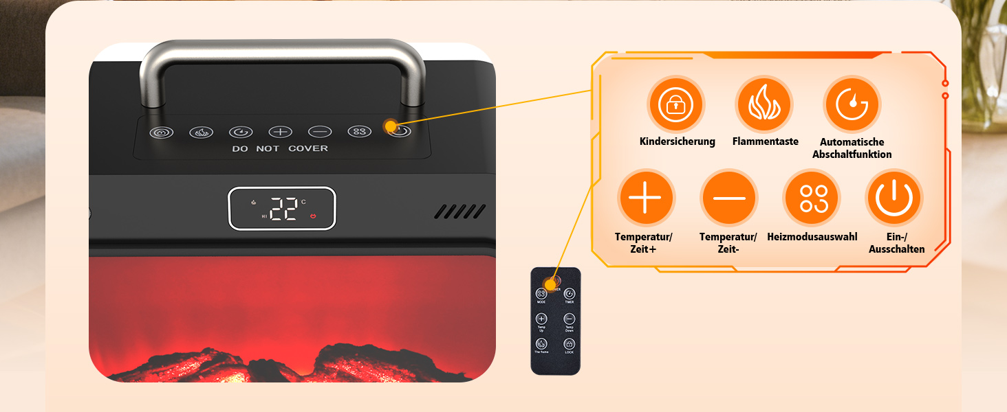 Електричний обігрівач з керамічним нагрівачем PTC, 2200W, з пультом дистанційного керування, 4 режими, 12H таймер, термостат, ECO-режим, осциляція 70°, захист від перегріву та перекидання, для дому та офісу (чорний, 33 см)