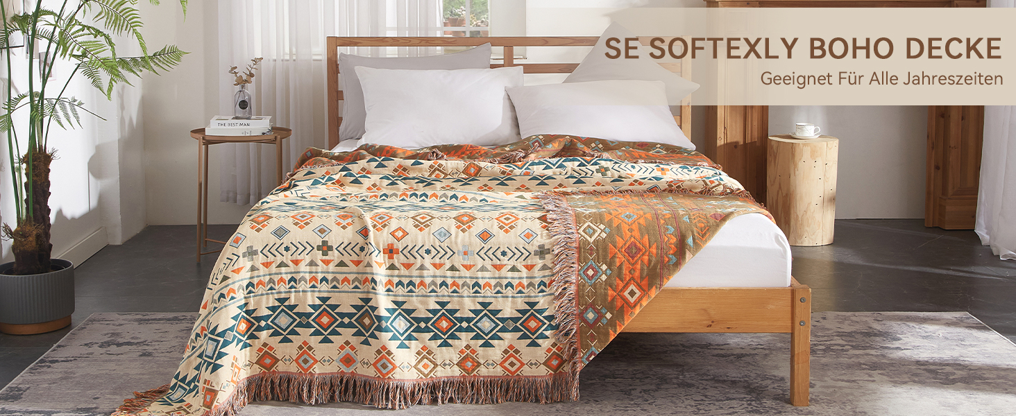 Плед Boho Softexly з 100% бавовни – двостороння муслінова ковдра 150x200 см, м'який плед на диван та покривало на ліжко, естетичний дизайн, ідеально для вітальні та спальні, помаранчево/блакитний (150 x 200 см, стиль модерн)