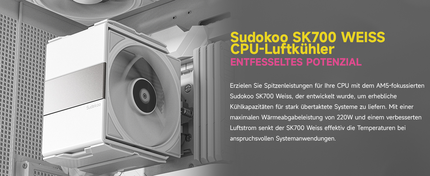 Система охолодження CPU Sudokoo SK700 White для AM5 з 120 мм вентилятором та 7 heatpipes - білий кулер для процесора з повним доступом до RAM, 5 років гарантії