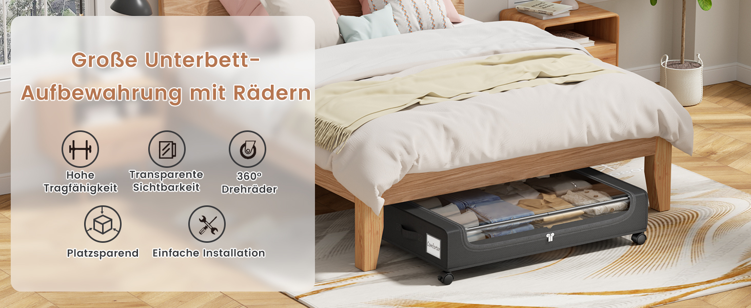 Коробки для зберігання під ліжко PHINOX з колесами, 2 шт (74x42x16 см) - місткі контейнери для одягу, взуття, іграшок з прозорою кришкою