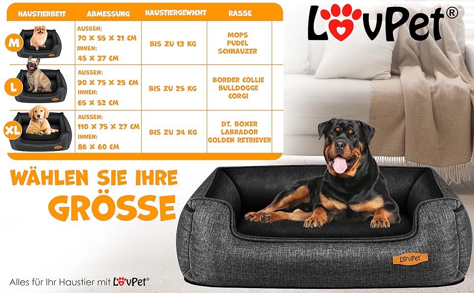 Ліжко-лежак для собак Lovpet®, антрацит, з мискою та 3 жувальними кістками, для малих, середніх і великих порід, знімний і праний чохол, 90x75x25 см