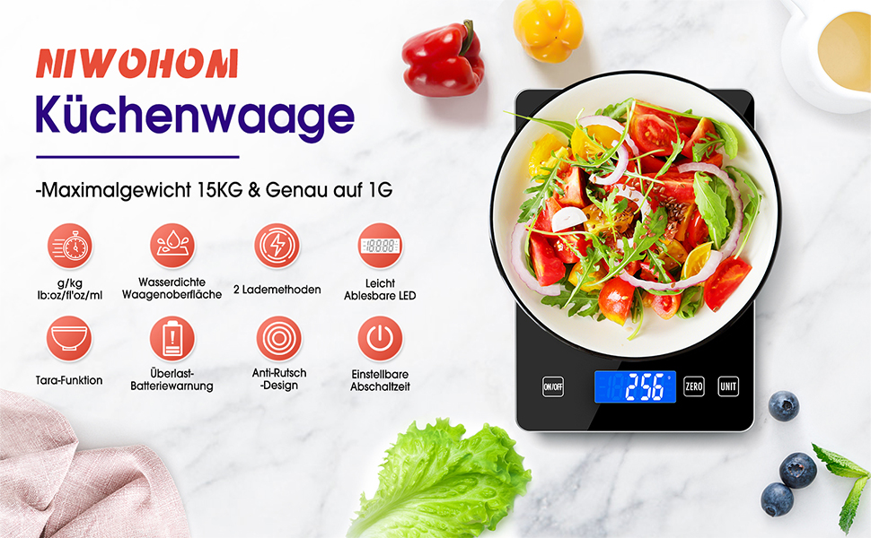 Кухонні ваги цифрові 15 кг, перезаряджувані, з LCD-дисплеєм та функцією тарування, водонепроникні, преміум-якість, чорний/білий