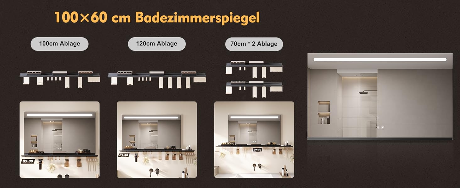Дзеркало для ванної кімнати SONNI з підсвічуванням 120x60 см, 3 кольори світла, антизапар, годинник, температура, LED, сенсорне управління, білий (полиця 120L, темно-сірий + верхнє світло)