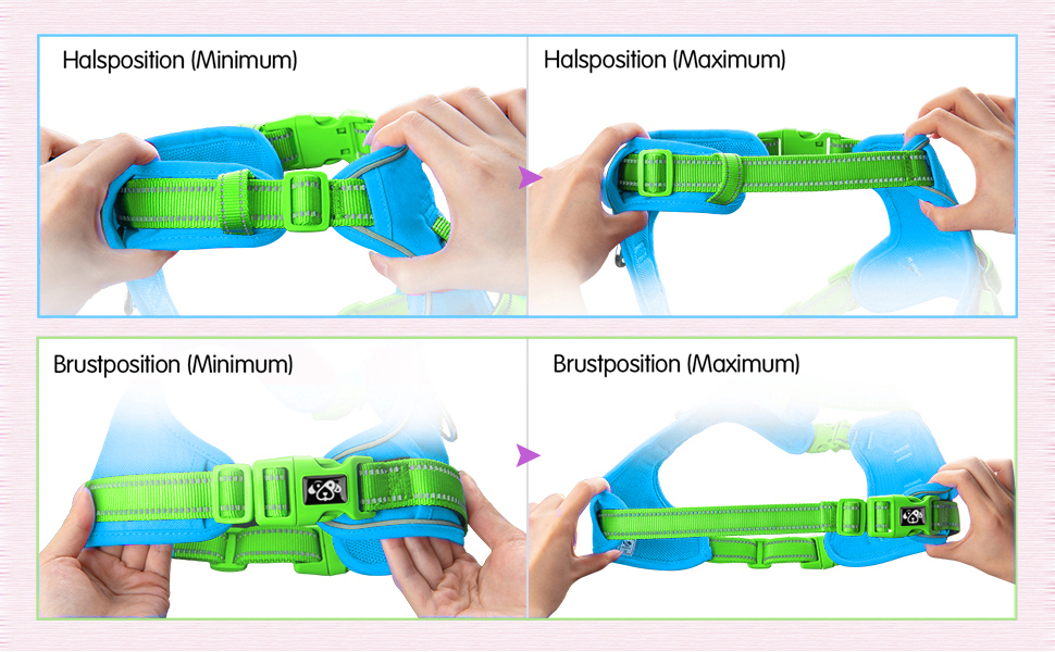 Шлейка для собак PHOEPET без натягу, світловідбиваюча, регульована, з ручкою для тренувань + 2 гачки для повірця + 3 застібки-клипси + 4 ковзні пряжки (XL, Синя база та Зелені ремінці)