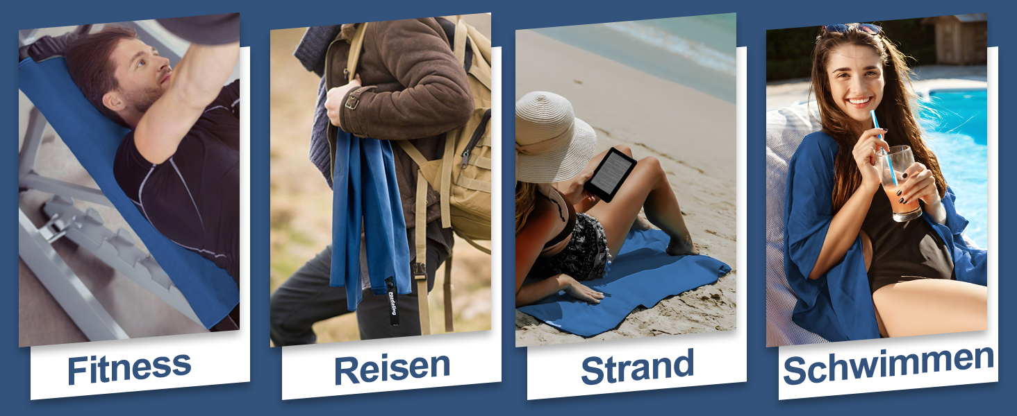 Набір з 3-х рушників з мікрофібри (великий 160x80 см та 2 маленьких 80x40 см), швидковисихаючі рушники для фітнесу та спорту, для пляжу, ванни, спорту та подорожей, темно-синій