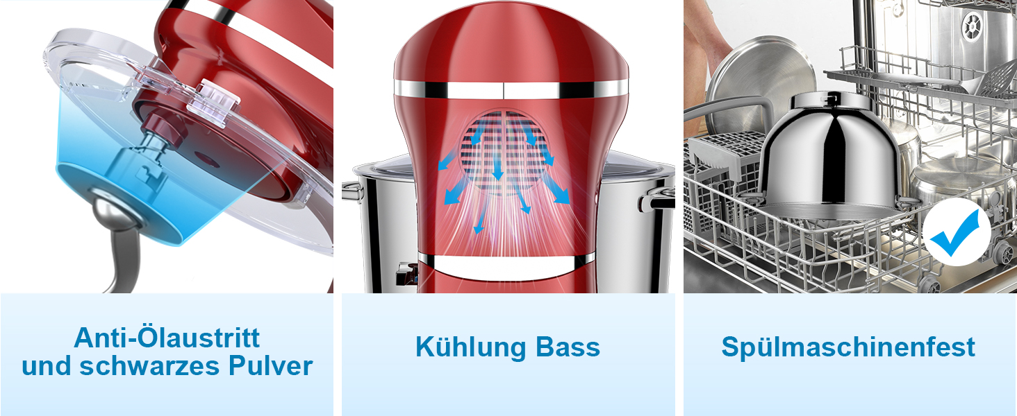 Кухонний комбайн-міксер 1500W з чашею з нержавіючої сталі 7л, планетарний міксер для тіста з 6 швидкостями та набором насадок (гак, вінчик, міксер), червоний