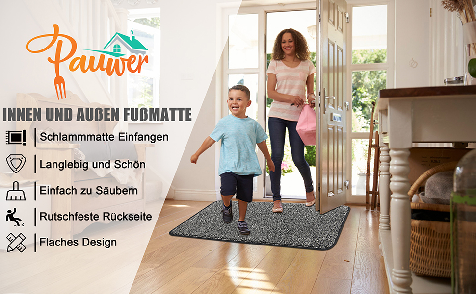 Придверний килимок Pauwer протиковзкий та зносостійкий, мийний килим для входу, тераси, коридору та саду, для дому та вулиці (45x70 см, чорний)