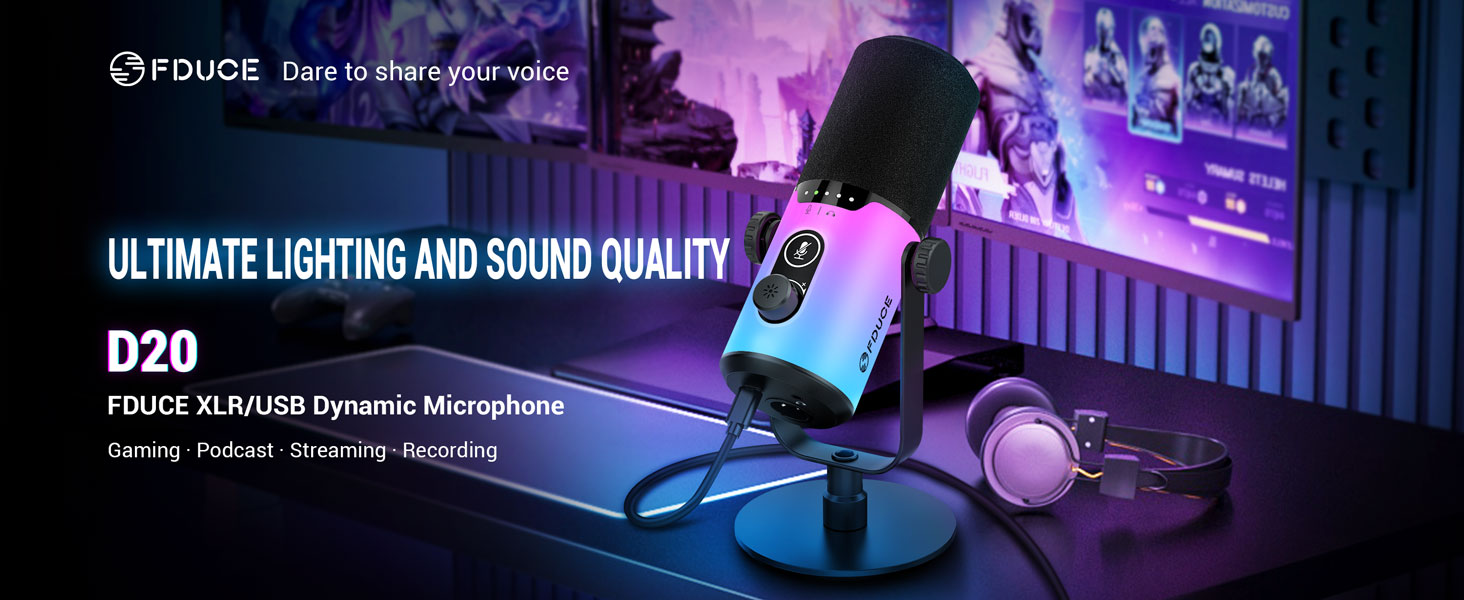 Ігровий мікрофон FDUCE з USB/XLR підключенням, RGB-підсвічуванням та регулятором посилення для стрімінгу, запису подкастів та співу