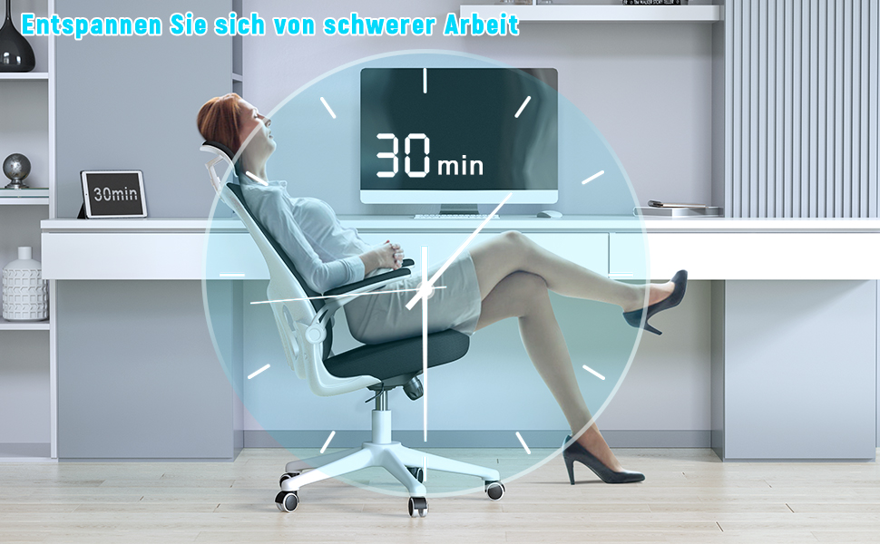 Офісний стілець Naspiro з регульованими підлокітниками, ергономічний, з сітчастою спинкою, підтримкою попереку, регулюванням висоти, м'яким сидінням, поворотний на 360°, (білий, з підголівником)