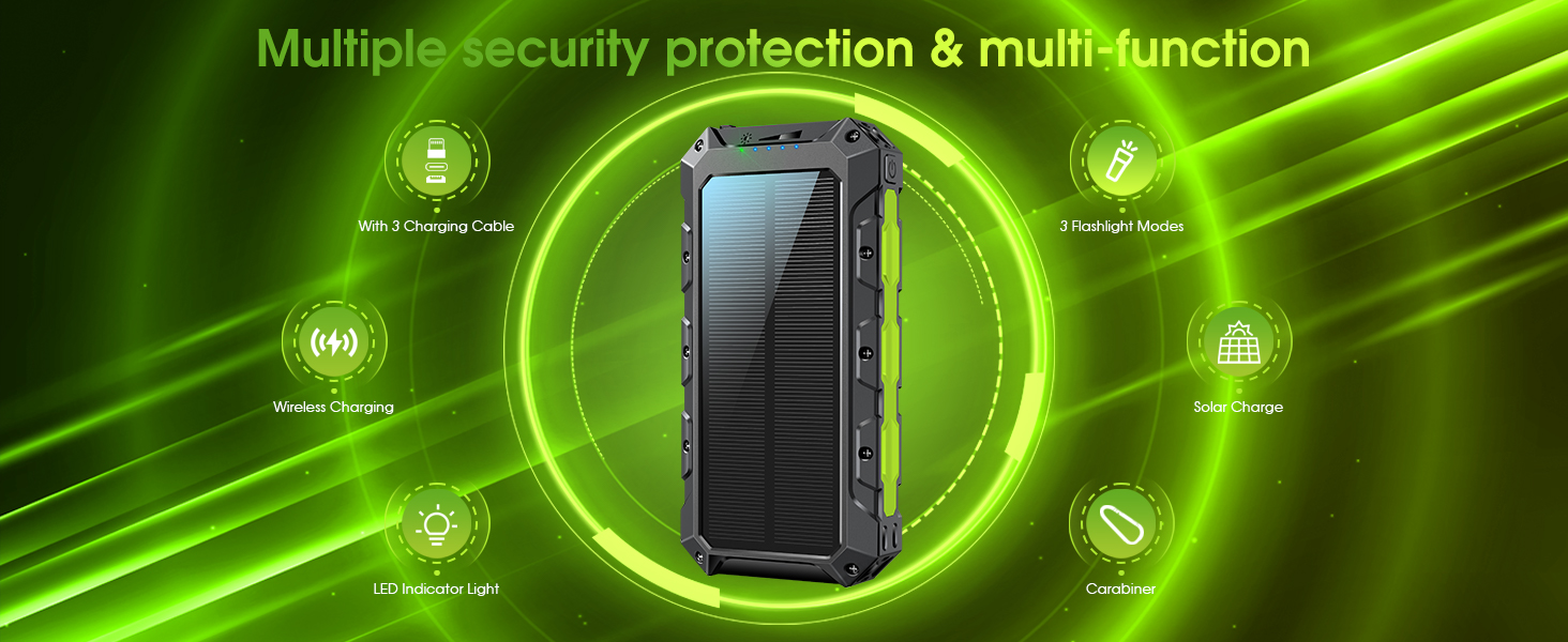 Портативний зарядний акумулятор Power Bank 52800mAh з сонячною панеллю, 30W, 7 виходів, з ліхтариком та LED-дисплеєм, чорний/зелений