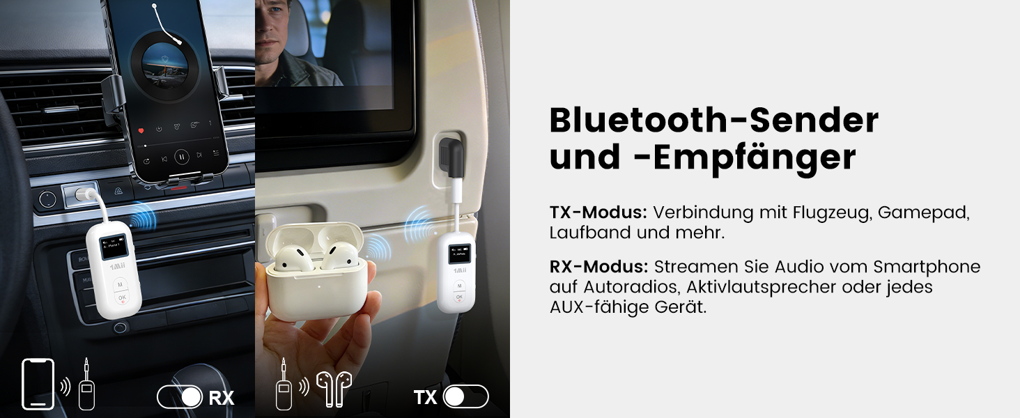 Bluetooth-адаптер для літака 1Mii з дисплеєм для 2 навушників, білий, 25 годин роботи