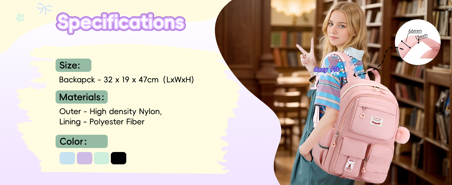 Шкільний рюкзак Tanou для дівчаток-підлітків, 9-16 років. Великий, водонепроникний, з брелоком (чорний)