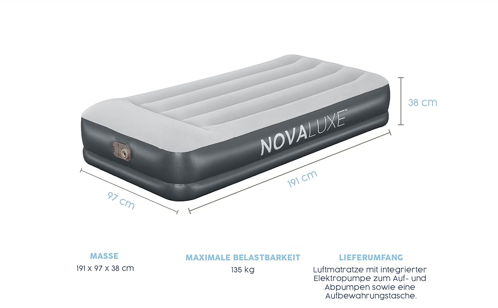 Надувний матрац Novaluxe з вбудованим електронасосом та подушкою, сірий 191x97x38 см
