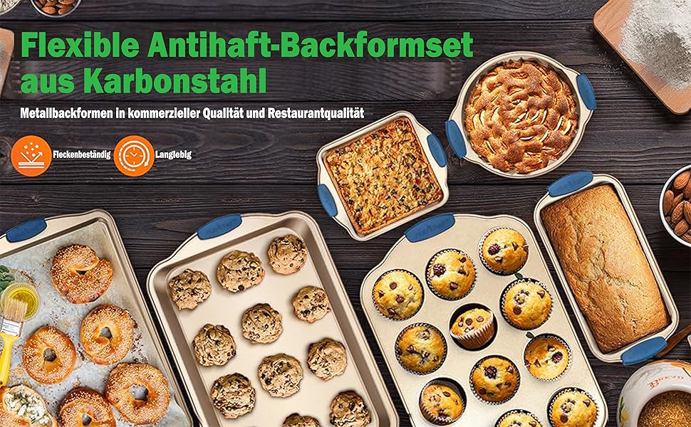 Набір форм для випічки NutriChef 6 шт. – дека для випічки, форма для мафінів, кексова форма з антипригарним покриттям, термостійка до 230°C, стіклива з силіконовими ручками з вуглецевої сталі – ідеально підходить для тортів, хліба та мафінів