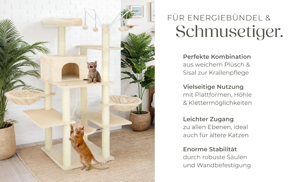 Тектейк® Крізьоверх XXL для котів, великий, з аксесуарами: лежанки, гамак, будиночок, іграшки, мотузка з сизалю, ствол для дряпання, котячий комплекс, котячий дряпкач, висота приблизно 165 см - сірий (Бежевий | № 402932)