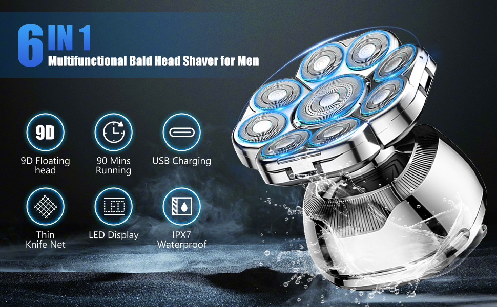 Електричний гостростример для голивної голови Glatzen, 6-в-1, з плаваючою насадкою 9D, IPX7 водонепроникний, LED дисплей, Type-C, для чоловіків