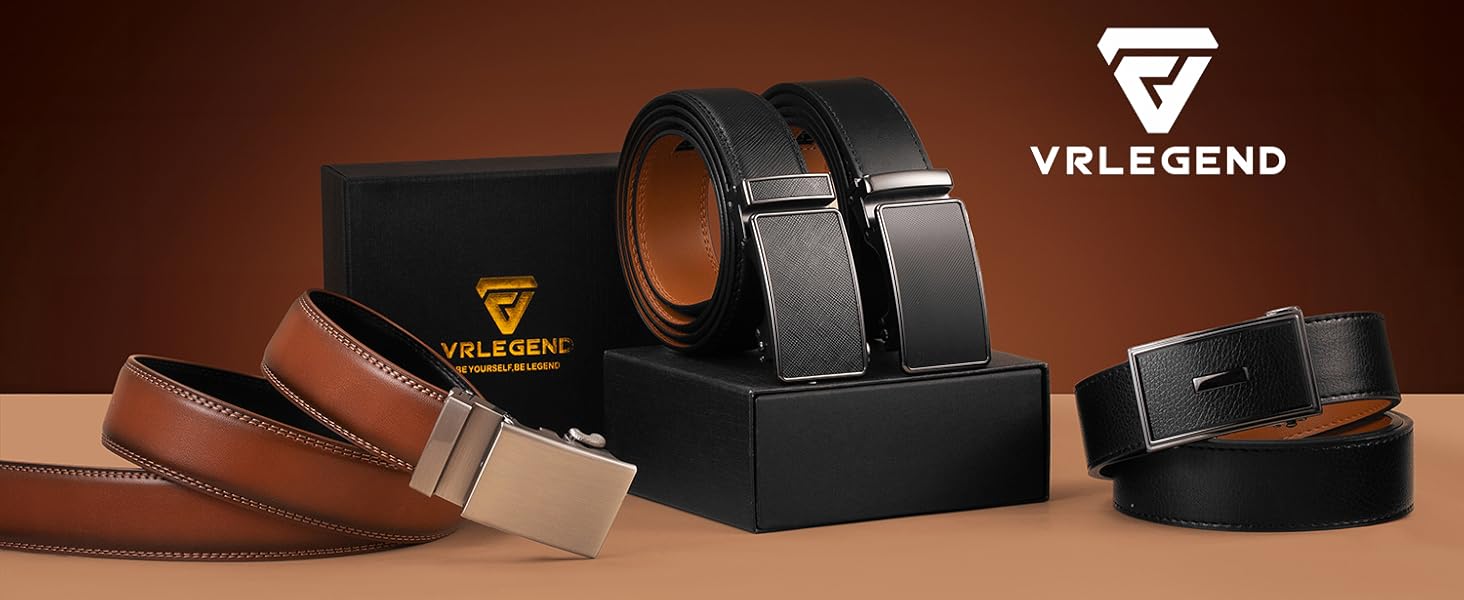 Чоловічий шкіряний ремінь VRLEGEND з автоматичною пряжкою (ратинг) без дірок для бізнесу/костюма, регульований розмір, з подарунковою коробкою, чорний