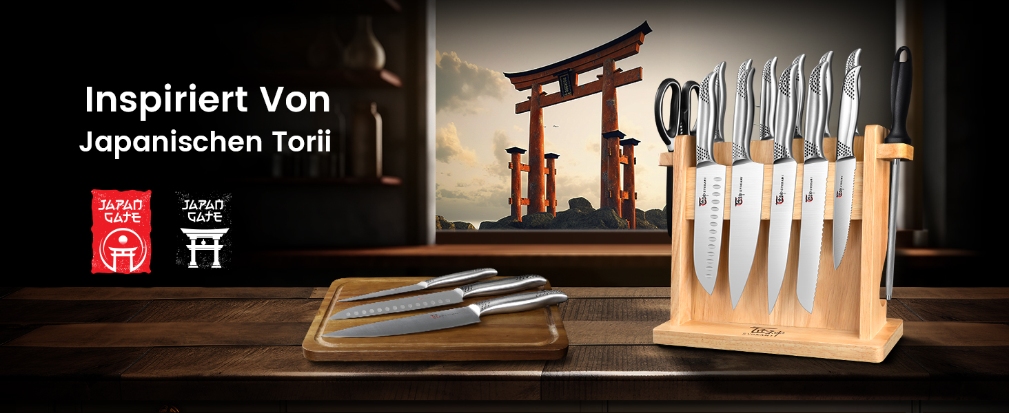 Набір кухонних ножів Messerset 7 предметів у японському стилі з магнітним блоком з акації, вуглецева сталь, нековзка ручка