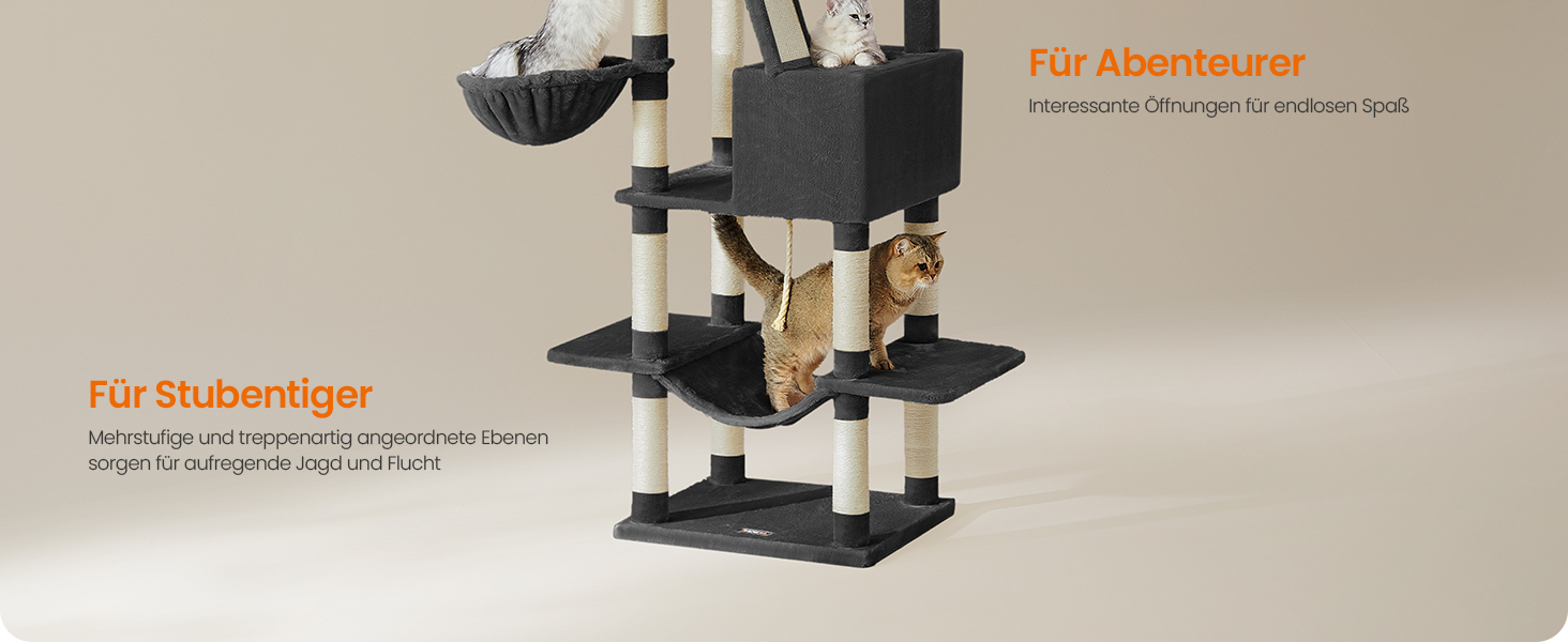 Когтеточка для котів Feandrea XXL, 168 см, з 13 стовпчиками, 2 платформами, 2 печерами, гамаком та іграшками, PCT165G01 (чорний)