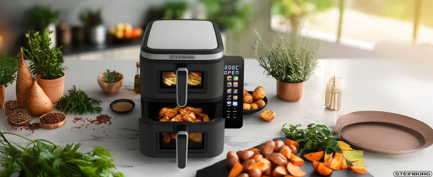 Фритюрниця Steinborg® з подвійною камерою, 11 літрів, фритюрниця без олії, гриль, духовка, сушка, 2 вертикальні шухляди (5,5л+5,5л)