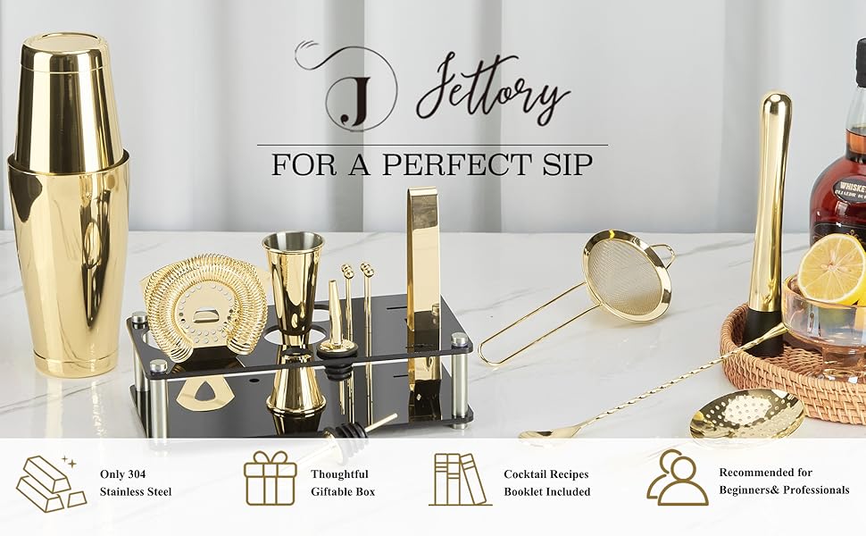 Набір шейкерів Boston - 16 предметів з нержавіючої сталі з акриловою основою, набір для приготування коктейлів (золотий)